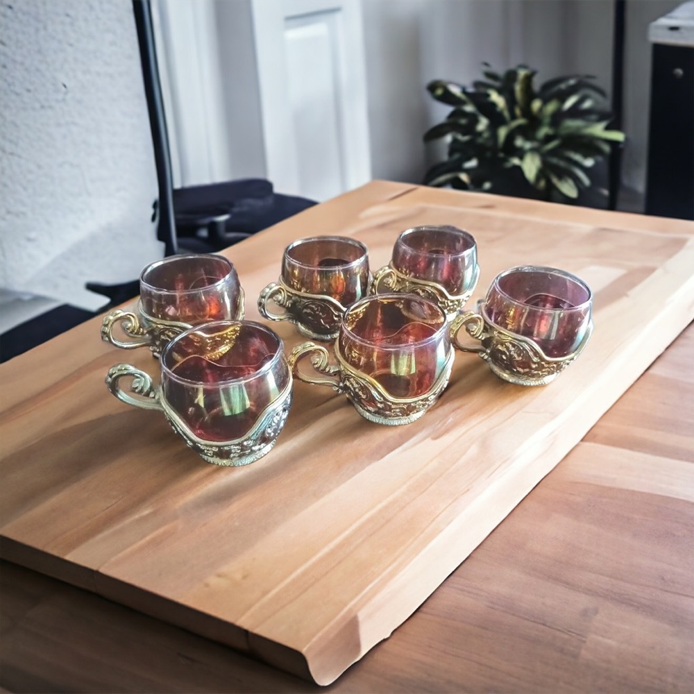 Set Of 6 Glass Demitasse- Ornate Gold Trim Holder Made In Italy ~ Amber Glass